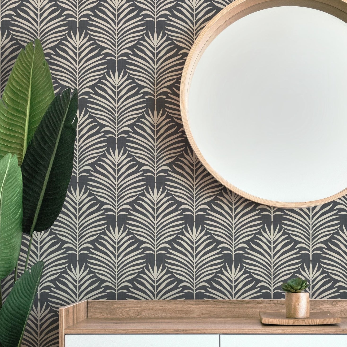 Boho tropical wallpaper shown in peel and stick and prepasted options. Neutral black dark moody botanical palm leaf design for bathroom, powder room, office, living room, dining room, laundry room, and entryway. Renter friendly and removable coastal minimalist look.