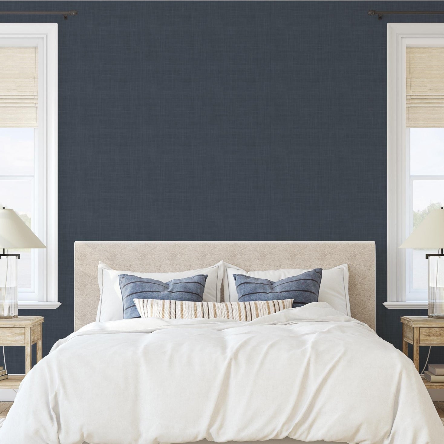 Dark Navy Blue Modern Coastal Farmhouse Solid Color Wallpaper, shown in Removable Peel and Stick or Prepasted. Perfect for Bedroom, Dining Room, Powder Room, Bathroom, Boys Room, and Teen Bedroom.