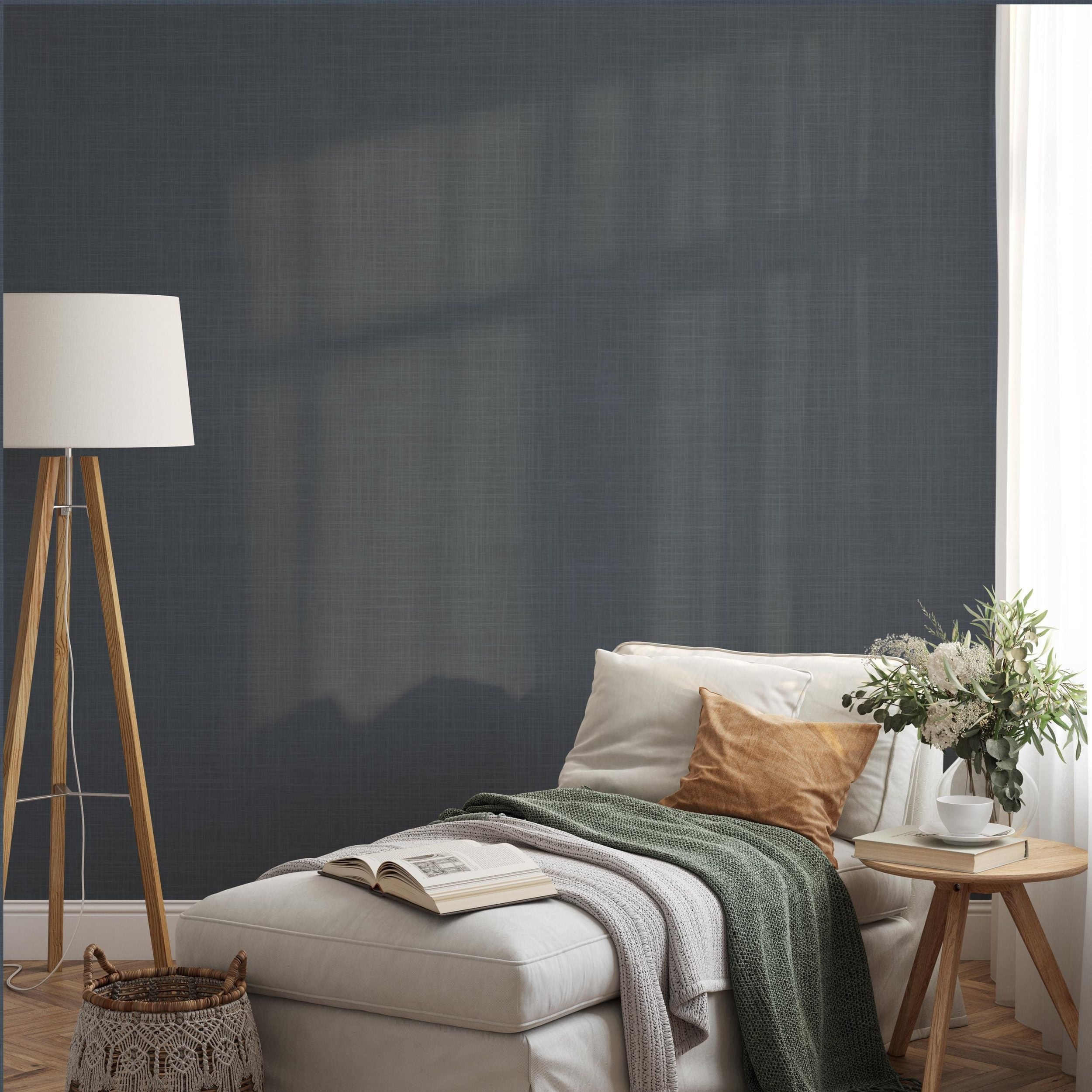 Dark Navy Blue Modern Coastal Farmhouse Solid Color Wallpaper, shown in Removable Peel and Stick or Prepasted. Perfect for Bedroom, Dining Room, Powder Room, Bathroom, Boys Room, and Teen Bedroom.