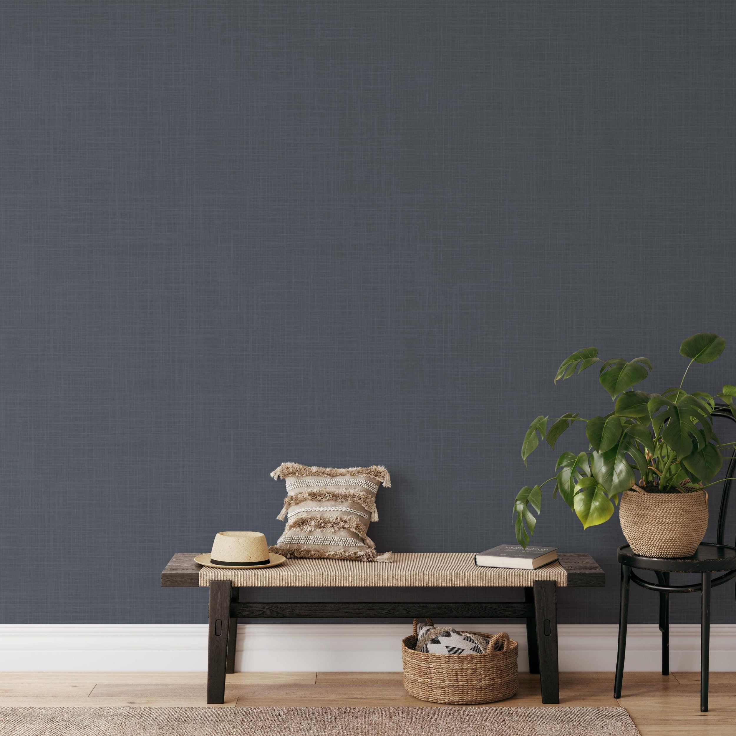 Dark Navy Blue Modern Coastal Farmhouse Solid Color Wallpaper, shown in Removable Peel and Stick or Prepasted. Perfect for Bedroom, Dining Room, Powder Room, Bathroom, Boys Room, and Teen Bedroom.