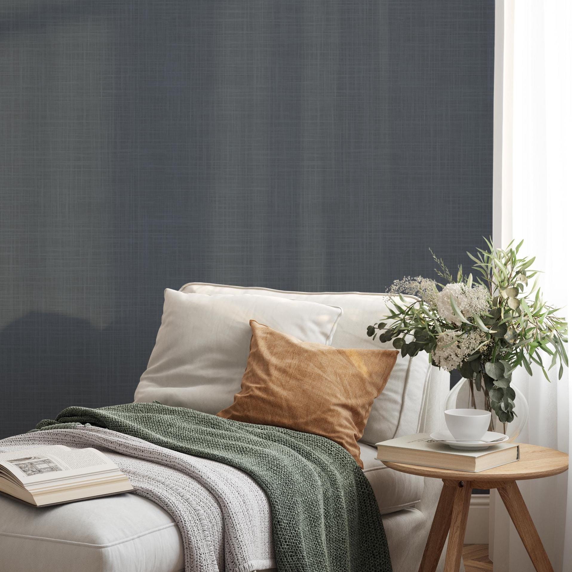 Dark Navy Blue Modern Coastal Farmhouse Solid Color Wallpaper, shown in Removable Peel and Stick or Prepasted. Perfect for Bedroom, Dining Room, Powder Room, Bathroom, Boys Room, and Teen Bedroom.