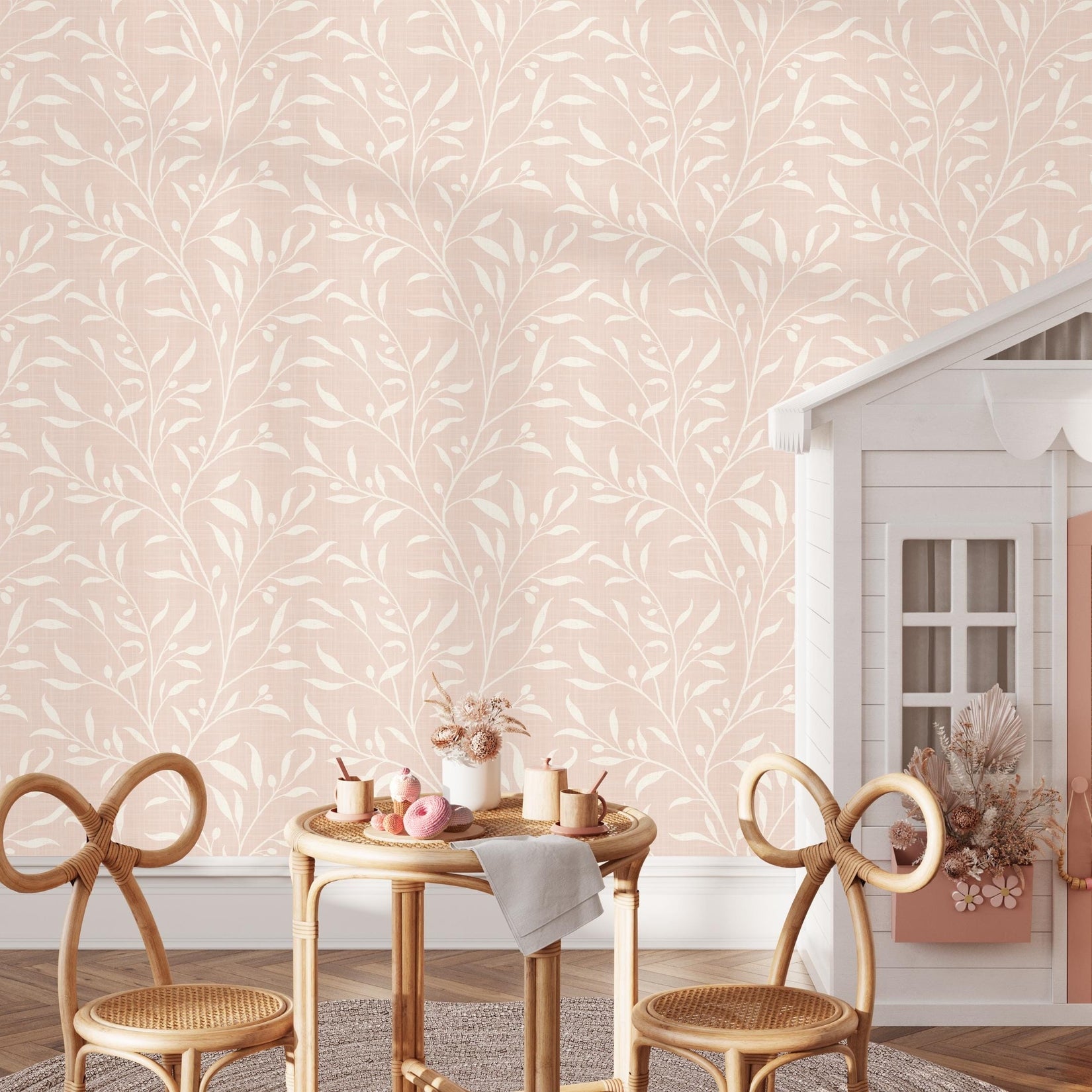 pink wallpaper for baby girl nursery or girls room, shown in removable peel and stick or pre-pasted. A pastel coquette boho chick botanical print for french country or cottagecore inspired spaces.