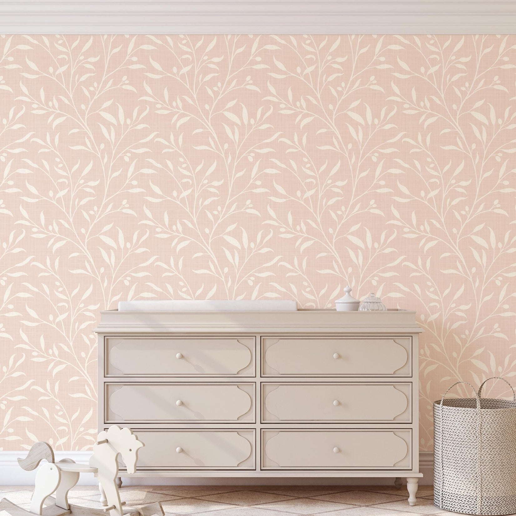 pink wallpaper for baby girl nursery or girls room, shown in removable peel and stick or pre-pasted. A pastel coquette boho chick botanical print for french country or cottagecore inspired spaces.