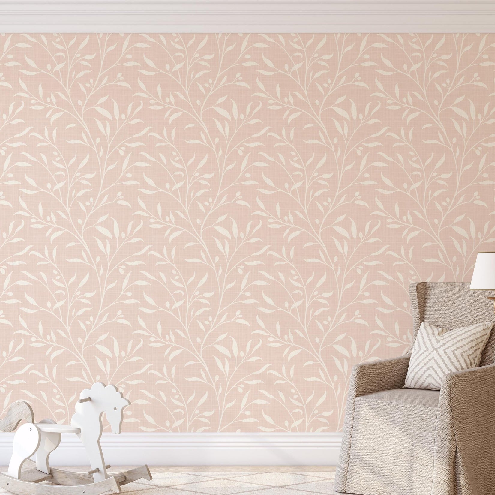 pink wallpaper for baby girl nursery or girls room, shown in removable peel and stick or pre-pasted. A pastel coquette boho chick botanical print for french country or cottagecore inspired spaces.