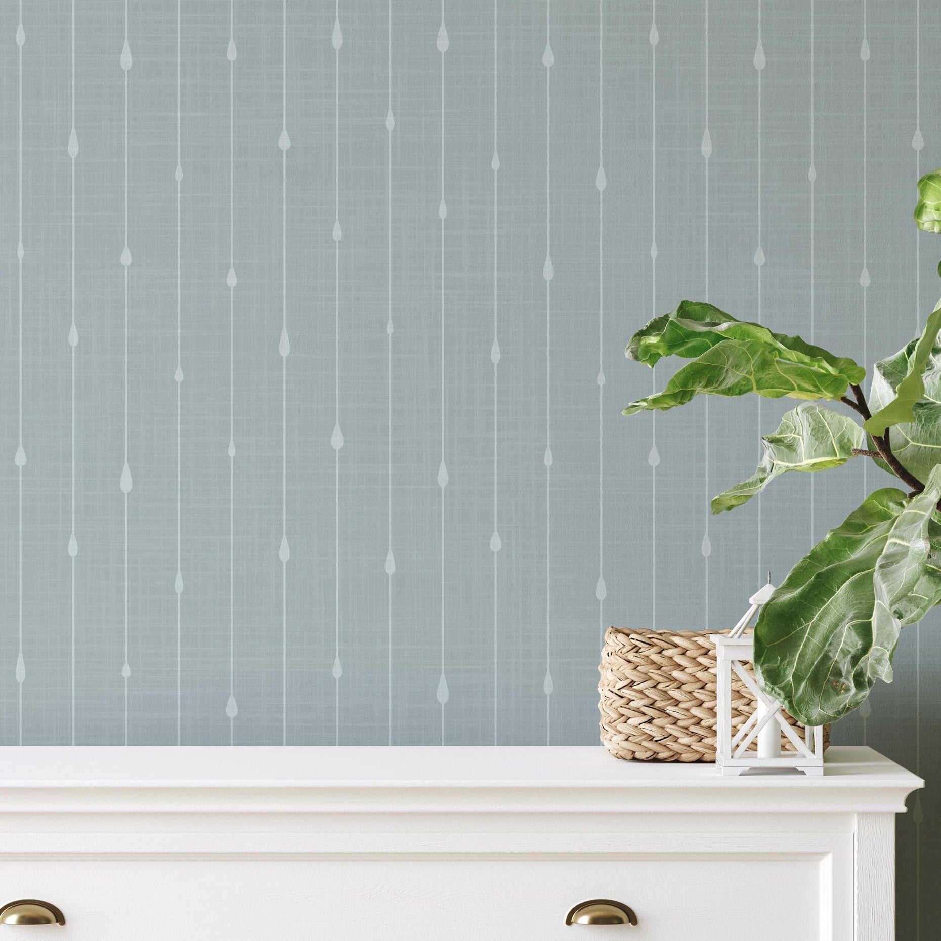 Blue stripe wallpaper for boys ocean nursery, baby boy room, or coastal toddler space. Shown in renter-friendly DIY style, available in peel and stick or prepasted options. Great for bathrooms, powder rooms, accent walls, or nautical baby nursery.
