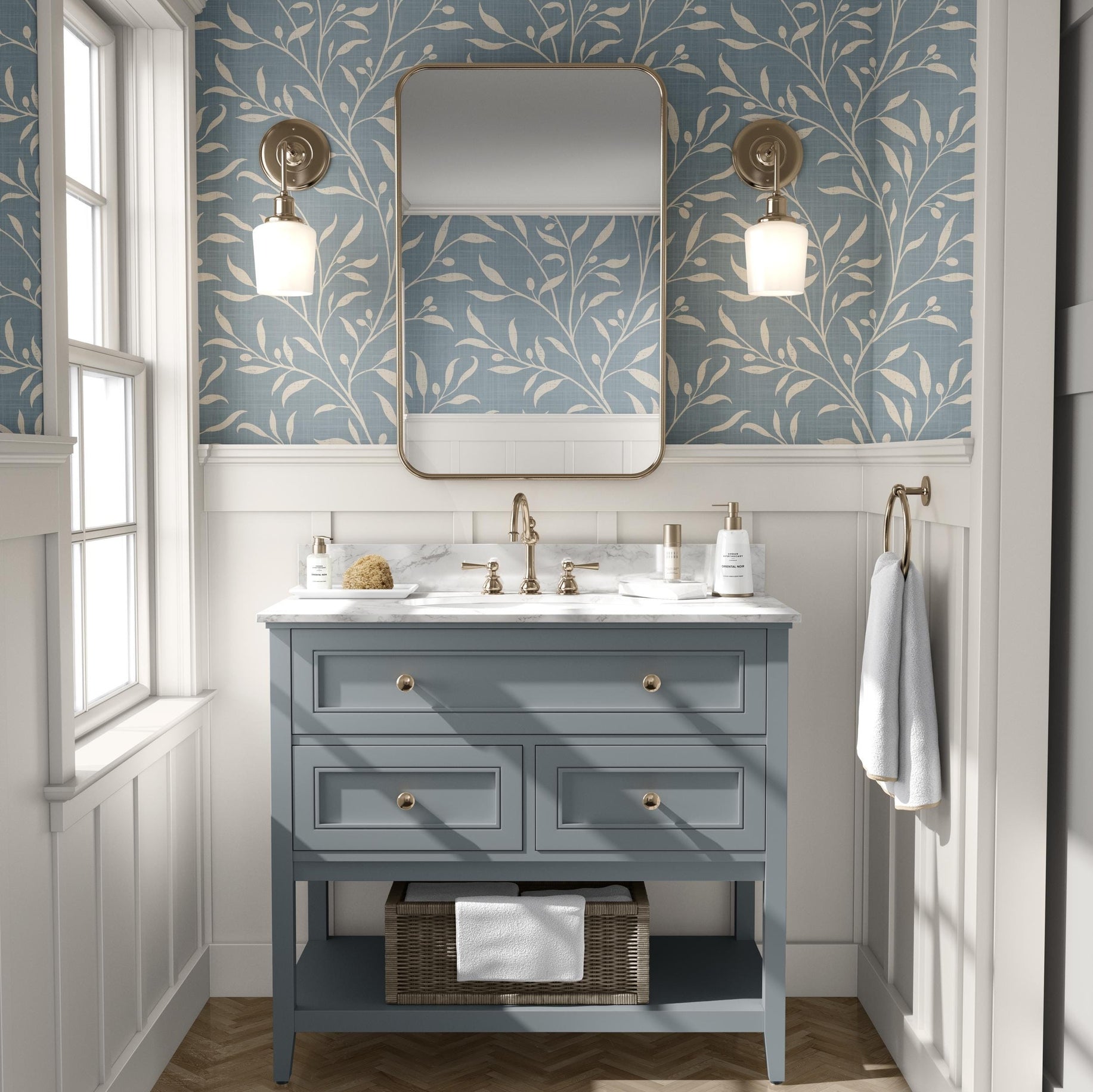 French Country Wallpaper shown in Removable Peel and Stick or Pre-pasted. This Olive Tree Leaf & Branches blue botanical is great for cottagecore, mediterranean, or english country style Bedroom, Living Room, Entry, powder room or bathroom.