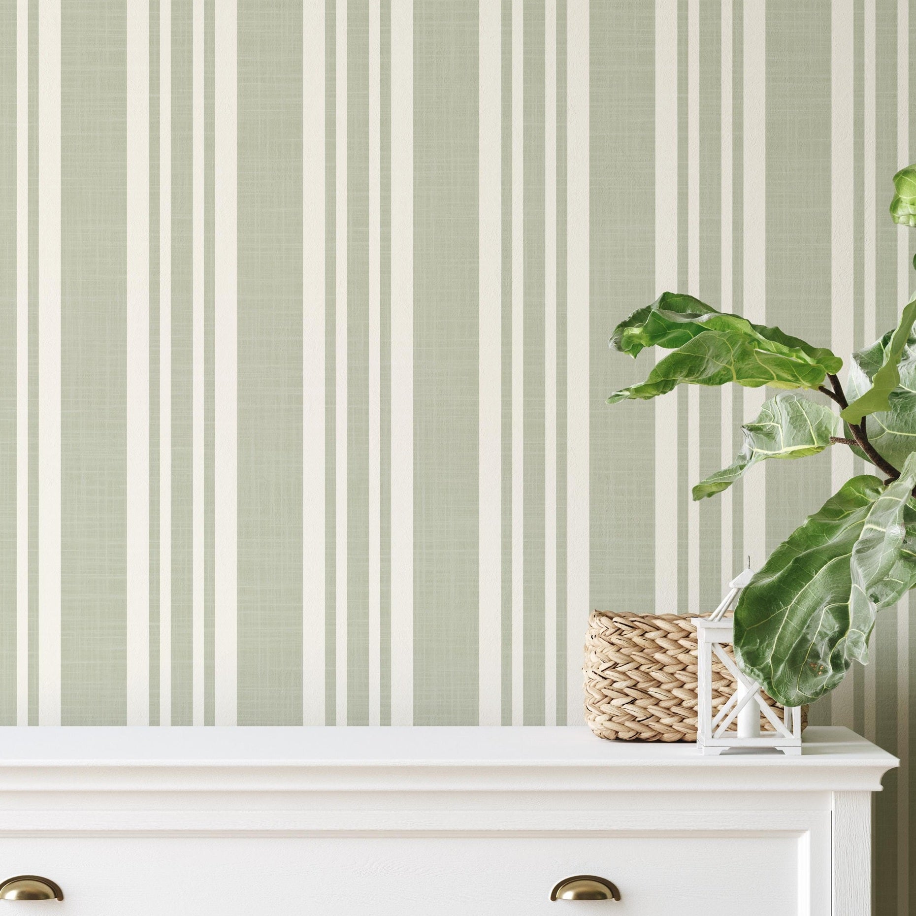 sage green striped wallpaper peel and stick or prepasted for baby boy nursery, toddler room, kids bedroom, living room, hallway or kitchen accent wall. Earth toned neutral with linen look texture for a classic traditional farmhouse style.