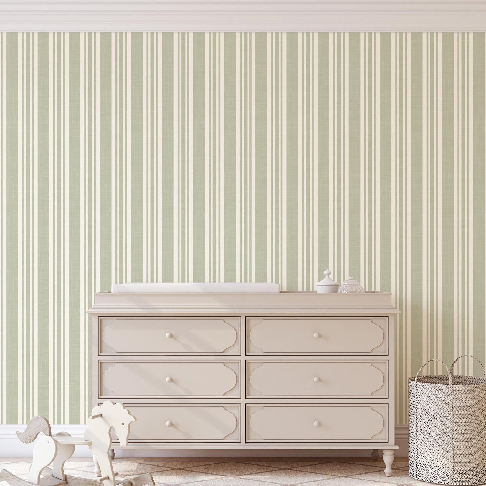 sage green striped wallpaper peel and stick or prepasted for baby boy nursery, toddler room, kids bedroom, living room, hallway or kitchen accent wall. Earth toned neutral with linen look texture for a classic traditional farmhouse style.