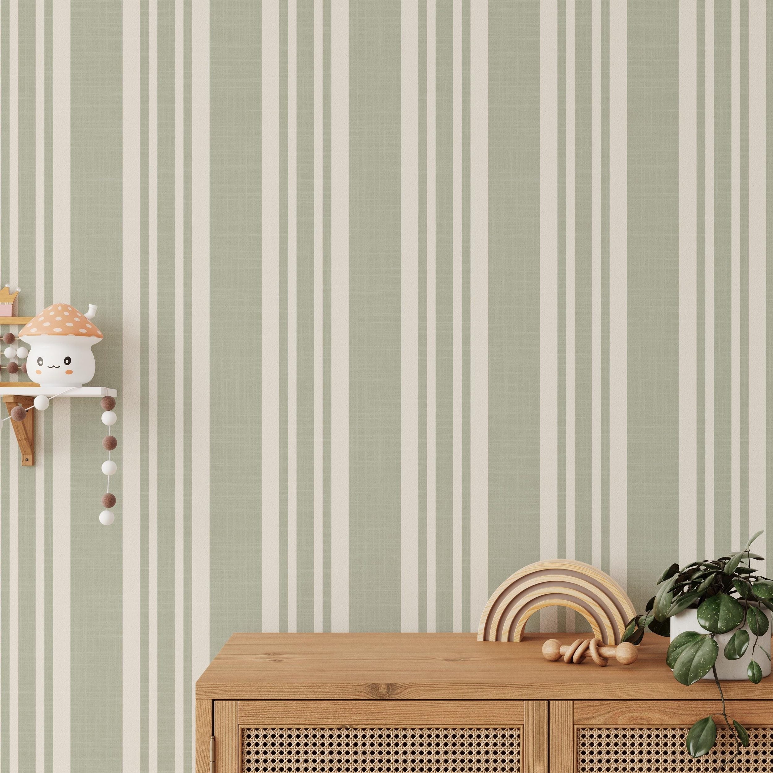 sage green striped wallpaper peel and stick or prepasted for baby boy nursery, toddler room, kids bedroom, living room, hallway or kitchen accent wall. Earth toned neutral with linen look texture for a classic traditional farmhouse style.