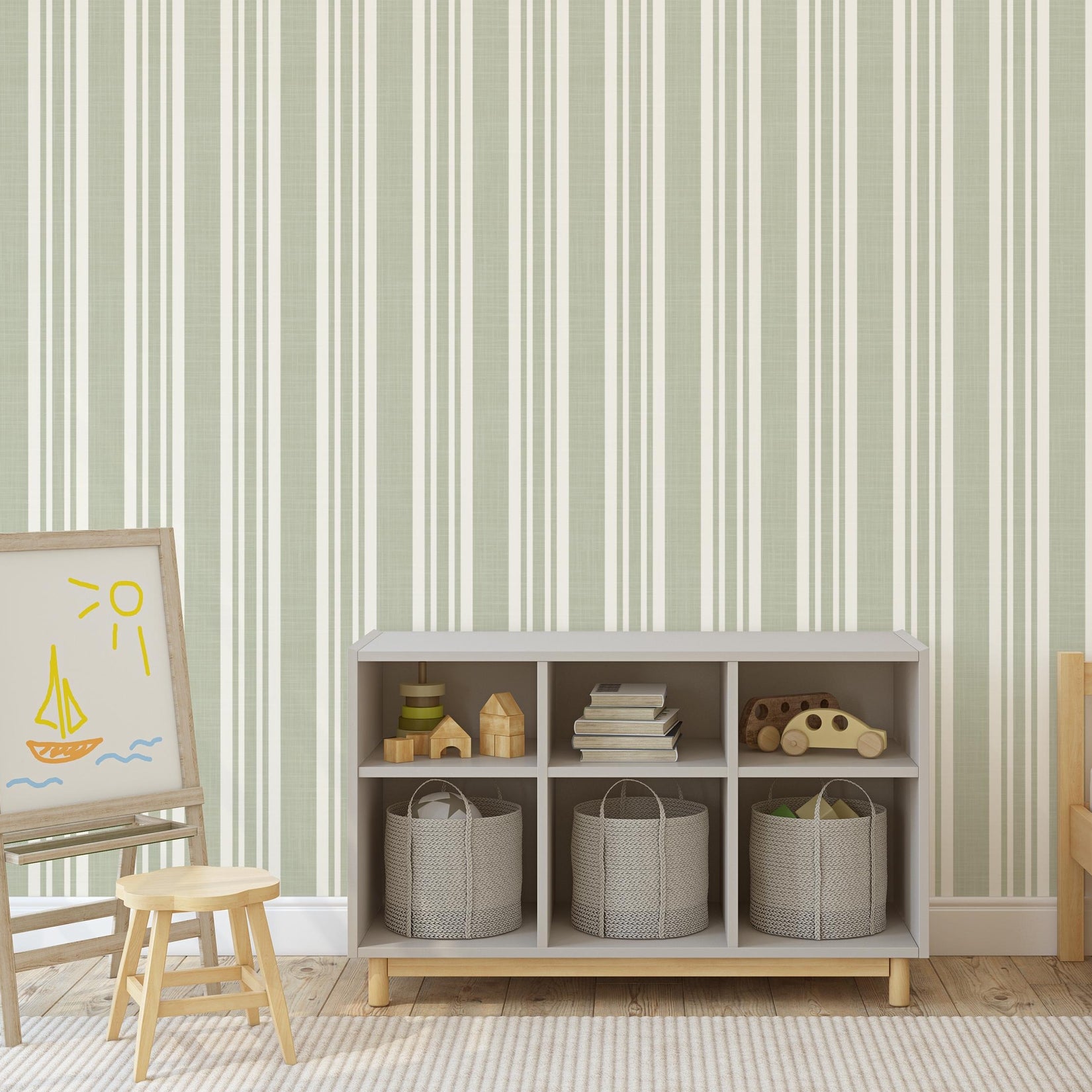 sage green striped wallpaper peel and stick or prepasted for baby boy nursery, toddler room, kids bedroom, living room, hallway or kitchen accent wall. Earth toned neutral with linen look texture for a classic traditional farmhouse style.