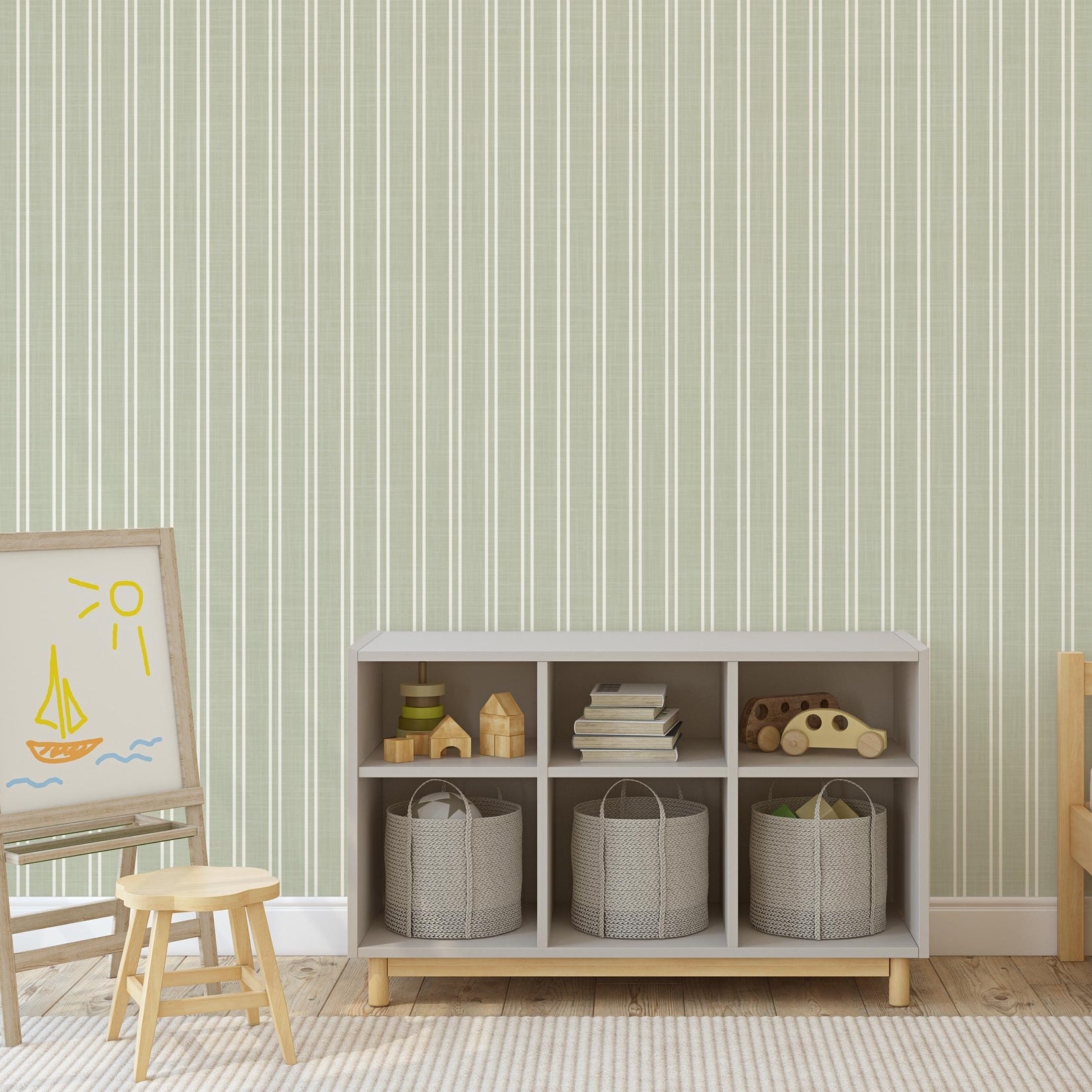sage green striped wallpaper peel and stick or prepasted for baby boy nursery, toddler room, kids bedroom, living room, hallway or kitchen accent wall. Earth toned neutral with linen look texture for a classic traditional farmhouse style.