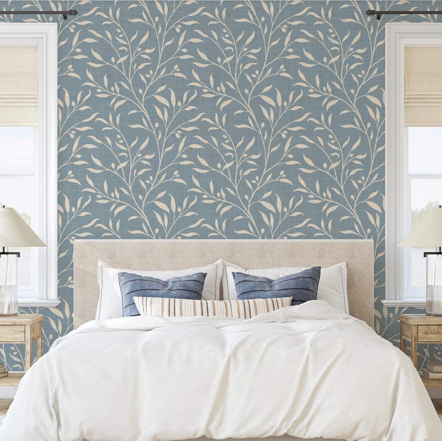 French Country Wallpaper shown in Removable Peel and Stick or Pre-pasted. This Olive Tree Leaf & Branches blue botanical is great for cottagecore, mediterranean, or english country style Bedroom, Living Room, Entry, powder room or bathroom.