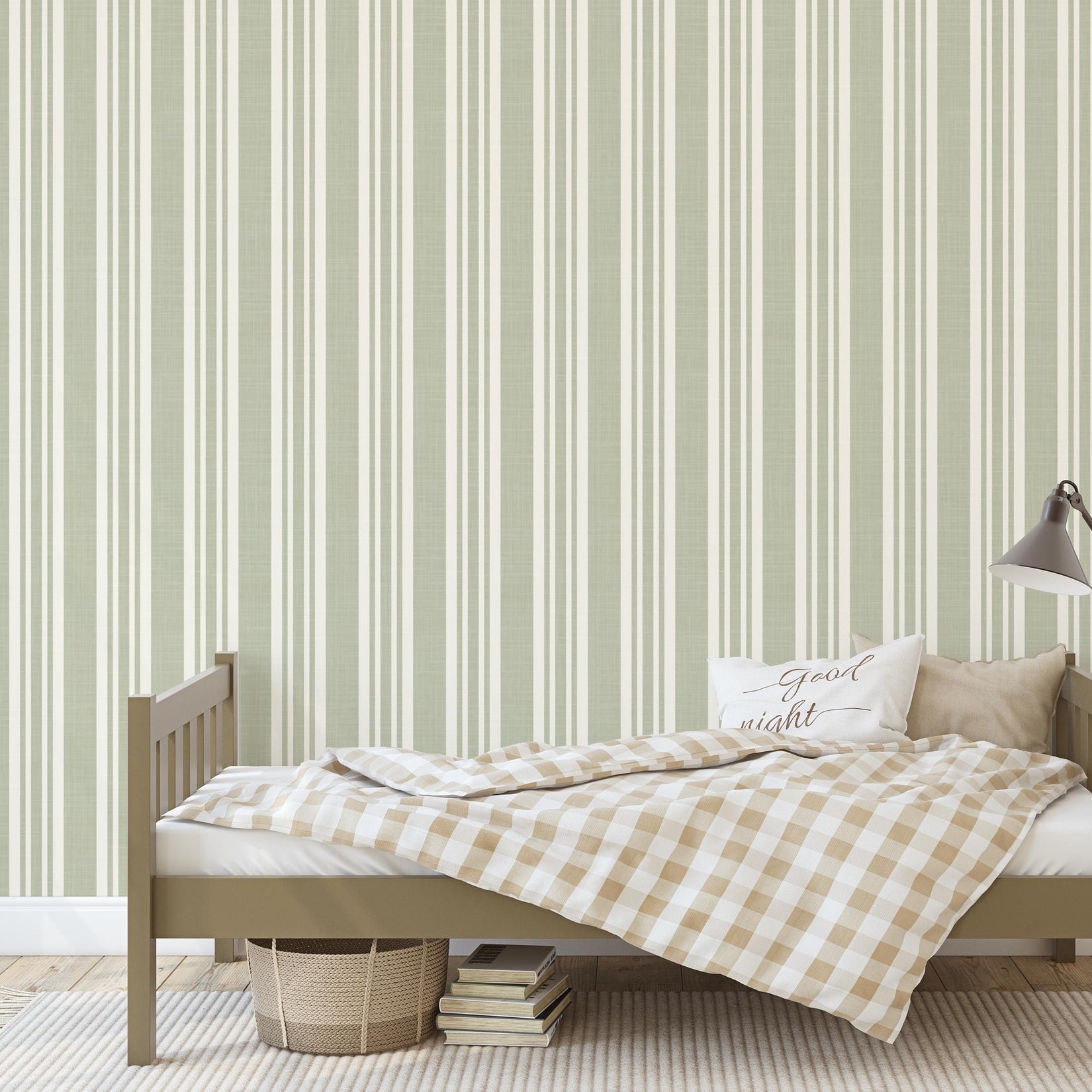 sage green striped wallpaper peel and stick or prepasted for baby boy nursery, toddler room, kids bedroom, living room, hallway or kitchen accent wall. Earth toned neutral with linen look texture for a classic traditional farmhouse style.