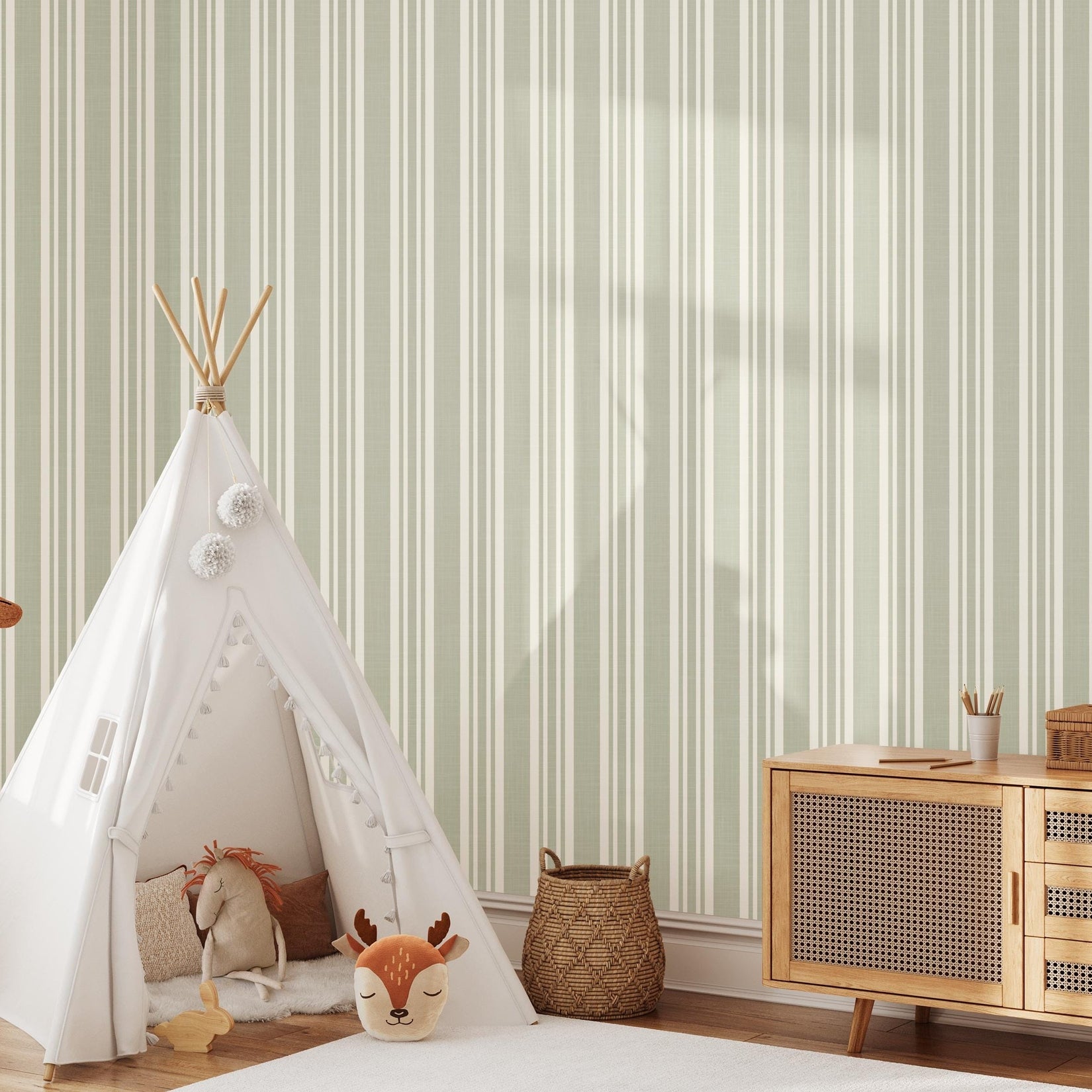 sage green striped wallpaper peel and stick or prepasted for baby boy nursery, toddler room, kids bedroom, living room, hallway or kitchen accent wall. Earth toned neutral with linen look texture for a classic traditional farmhouse style.