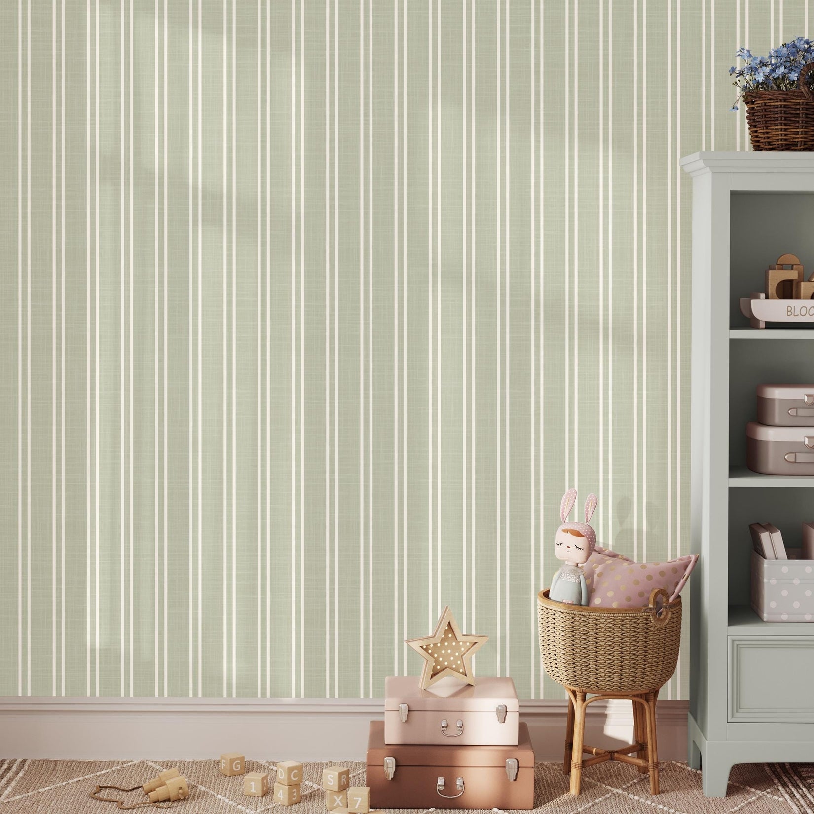 sage green striped wallpaper peel and stick or prepasted for baby boy nursery, toddler room, kids bedroom, living room, hallway or kitchen accent wall. Earth toned neutral with linen look texture for a classic traditional farmhouse style.