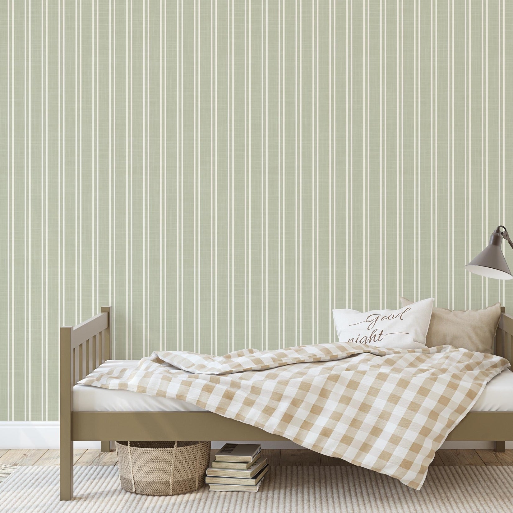 sage green striped wallpaper peel and stick or prepasted for baby boy nursery, toddler room, kids bedroom, living room, hallway or kitchen accent wall. Earth toned neutral with linen look texture for a classic traditional farmhouse style.