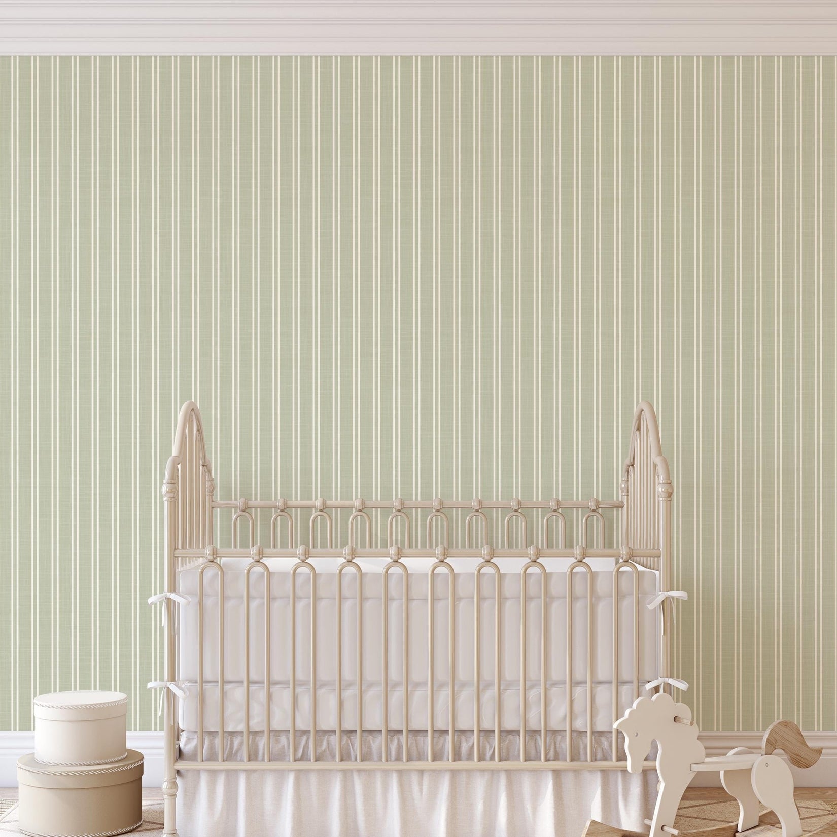 sage green striped wallpaper peel and stick or prepasted for baby boy nursery, toddler room, kids bedroom, living room, hallway or kitchen accent wall. Earth toned neutral with linen look texture for a classic traditional farmhouse style.