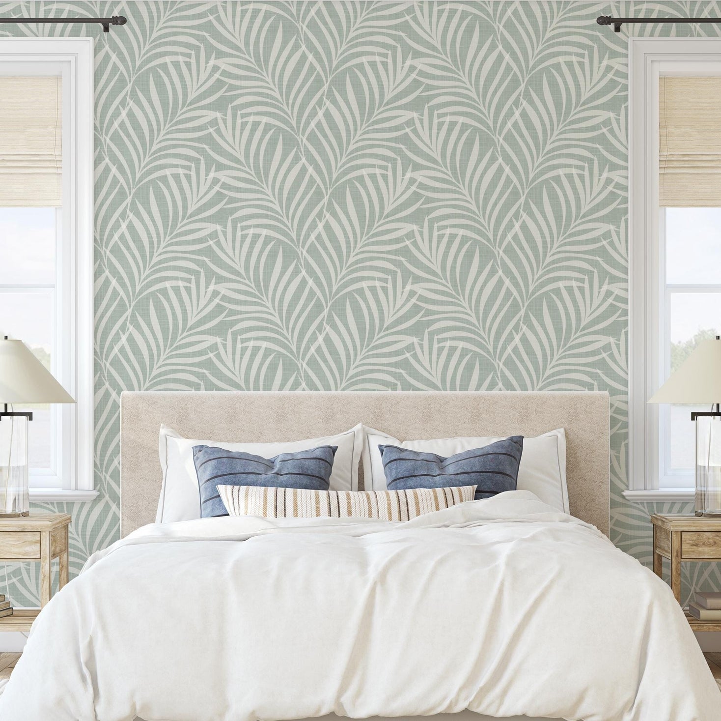 sage green palm leaf wallpaper with a coastal boho botanical style, perfect for nursery, bathroom, or bedroom walls. Available in peel and stick, prepasted, and sample options.