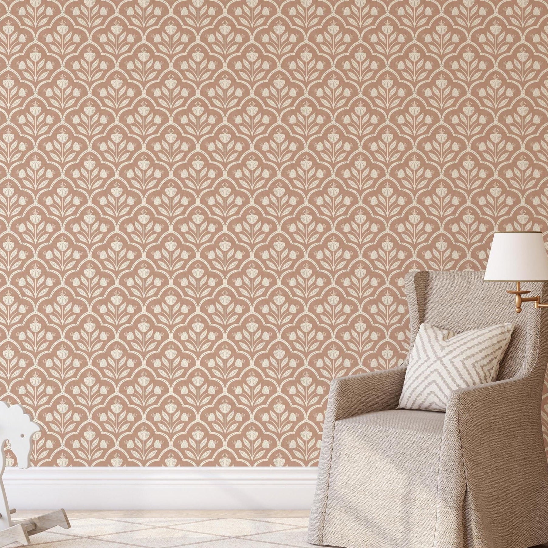 warm brown neutral peel and stick wallpaper with vintage floral for boys and girls nursery wall French country and cottagecore decor