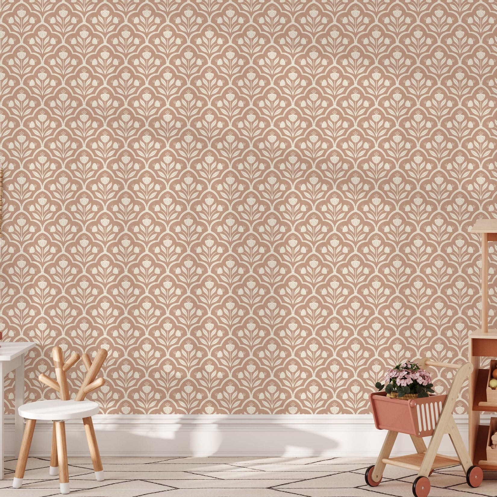 warm brown neutral peel and stick wallpaper with vintage floral for boys and girls nursery wall French country and cottagecore decor