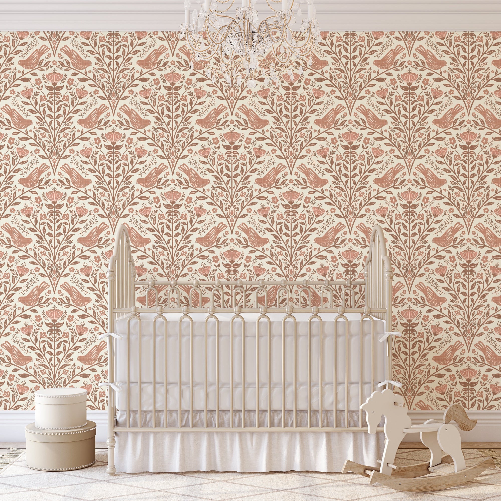 bird botanical wallpaper shown in peel and stick prepasted or traditional nonpasted with cherry blossom flowers in neutral brown and rust red
