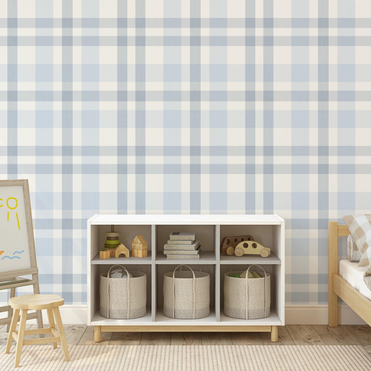 Blue and white plaid wallpaper in a kids playroom