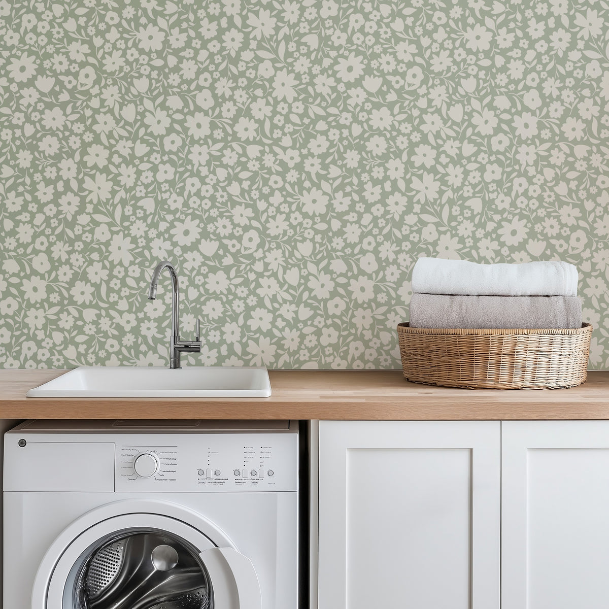 cute green vintage floral inspired wallpaper in peel and stick, prepasted or traditional nonpasted for cottagecore or english cottage inspired girls bedroom, nursery or powder room