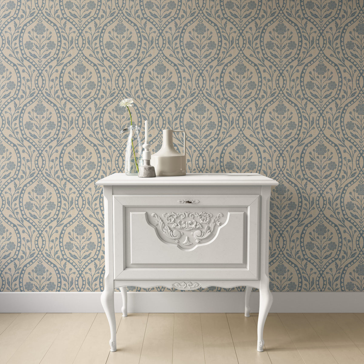 French Country peel and stick or prepasted removable Wallpaper in Neutral with blue wildflower floral details in an elegant damask with subtle faux linen texture. A perfect vintage inspired elegant botanical for nursery, bedroom, bathroom, living room, dining room or accent wall.