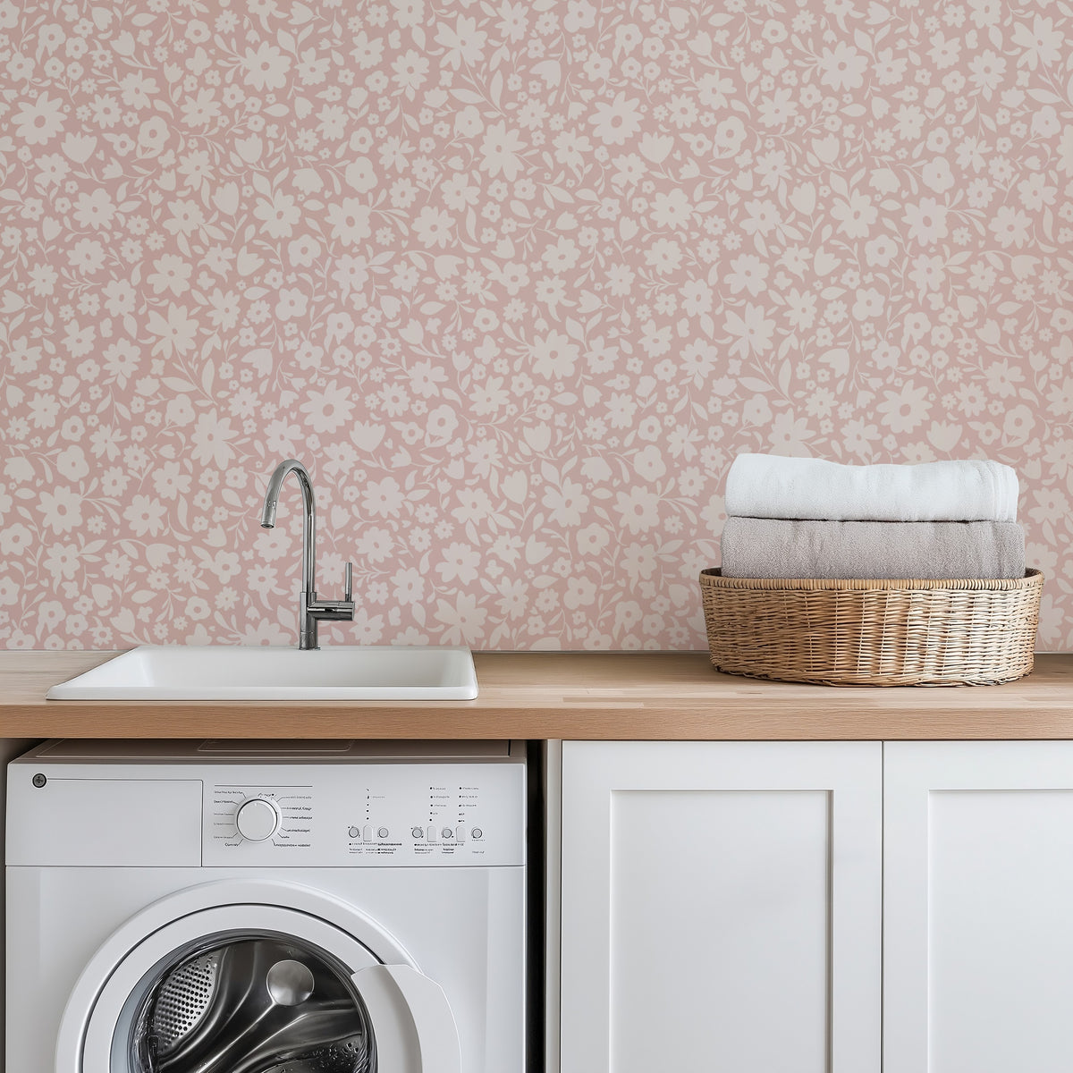 pink floral girls nursery wallpaper in removable peel and stick, prepasted or traditional nonpasted perfect for girly bedroom, powder room or accent wall.