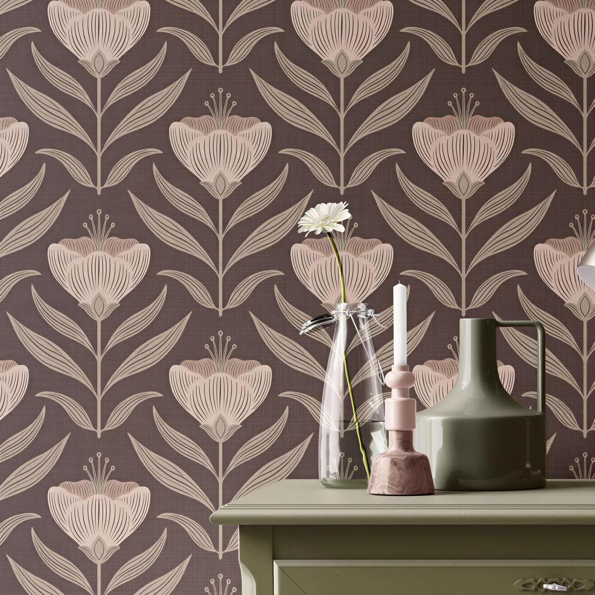 Dark moody brown vintage floral wallpaper, Emma Wildflower Floral, in peel and stick, prepasted or traditional nonpasted