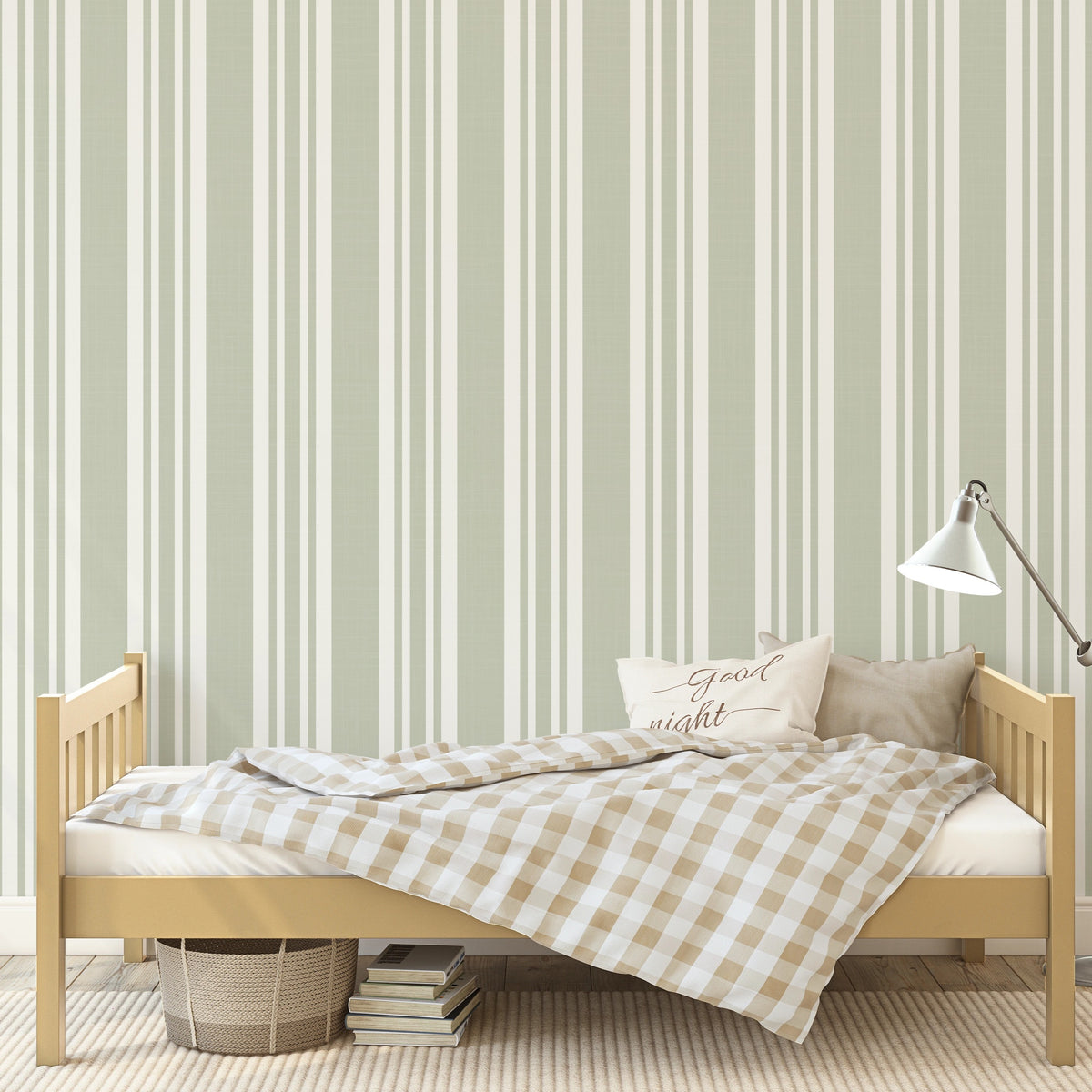 green stripe farmhouse wallpaper in peel and stick, prepasted or traditional nonpasted for baby boy nursery, gender neutral kids room, or accent wall.