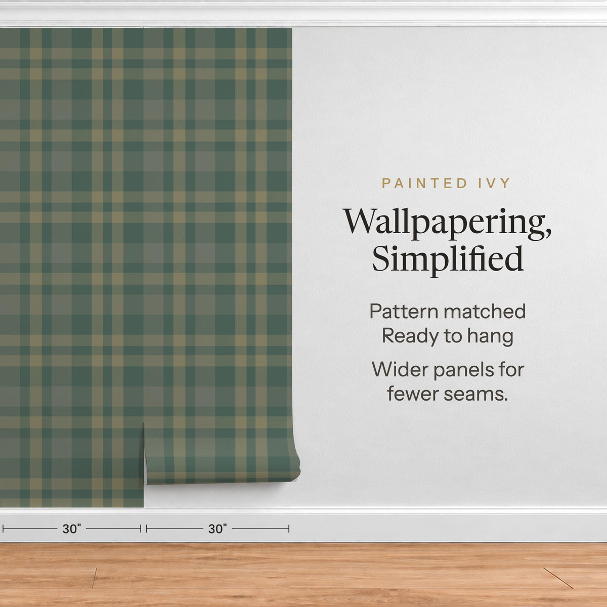 Dark green plaid wallpaper in precut, pre-matched 30 inch wide panels