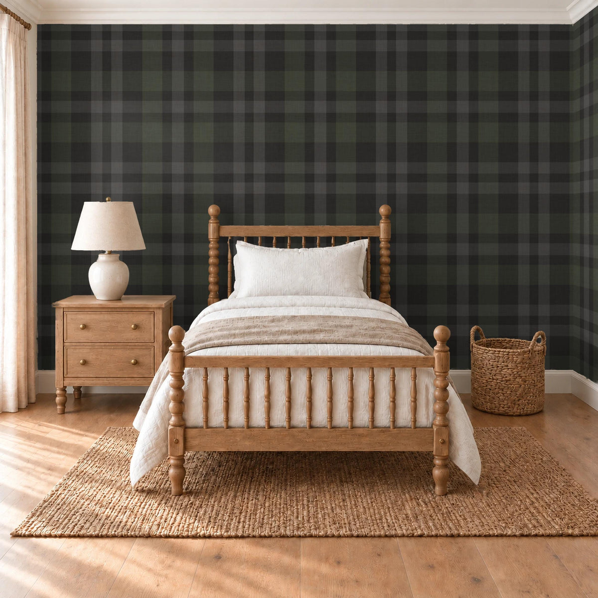 Black plaid wallpaper in a boys bedroom