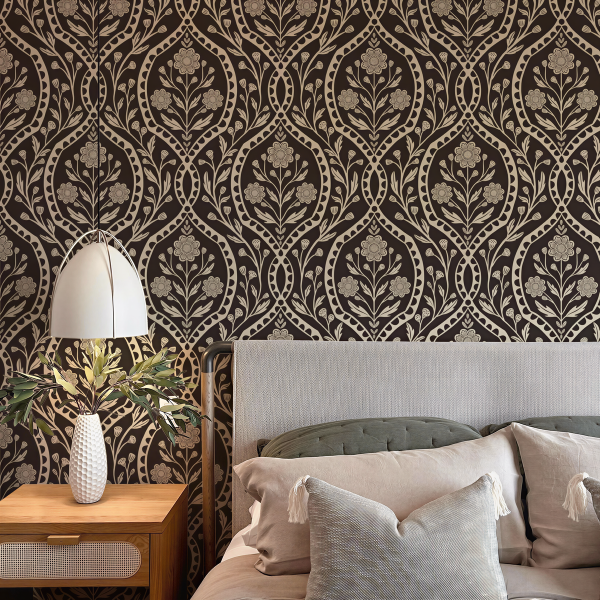 Dark Academia Moody Wallpaper in Peel and Stick or Prepasted Removable. This black and white Vintage style Botanical Wildflower Damask was created from a hand drawn illustration. Fits into Gothic Heritage Decor