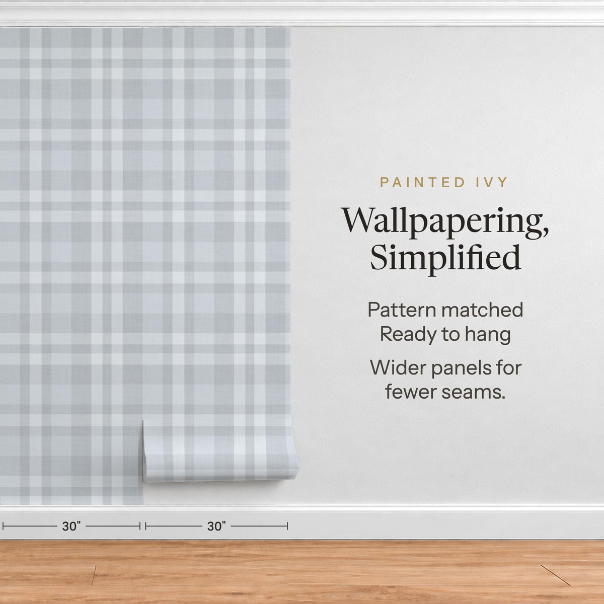 Dusty blue plaid wallpaper in precut, pre-matched 30 inch wide panels