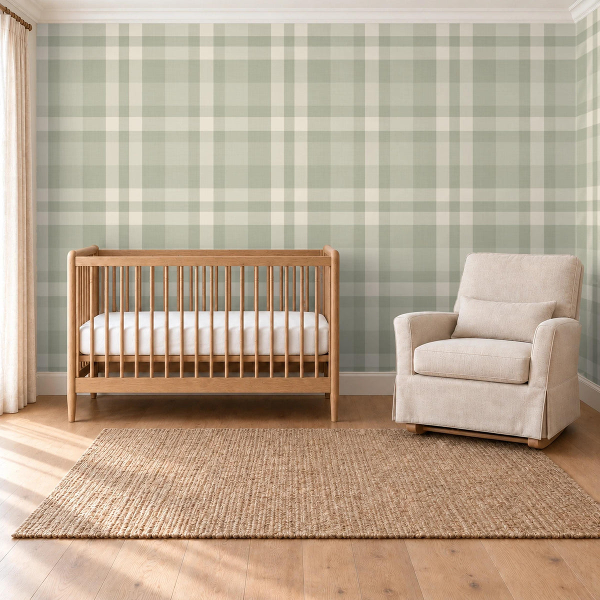 Sage green plaid wallpaper in a gender neutral baby nursery