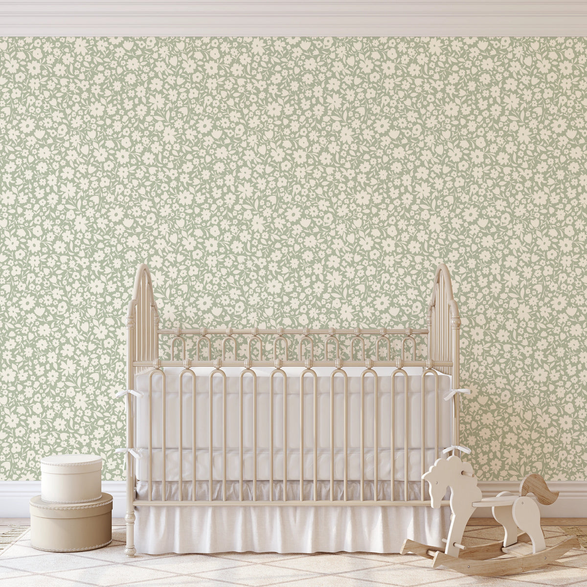 cute green vintage floral inspired wallpaper in peel and stick, prepasted or traditional nonpasted for cottagecore or english cottage inspired girls bedroom, nursery or powder room