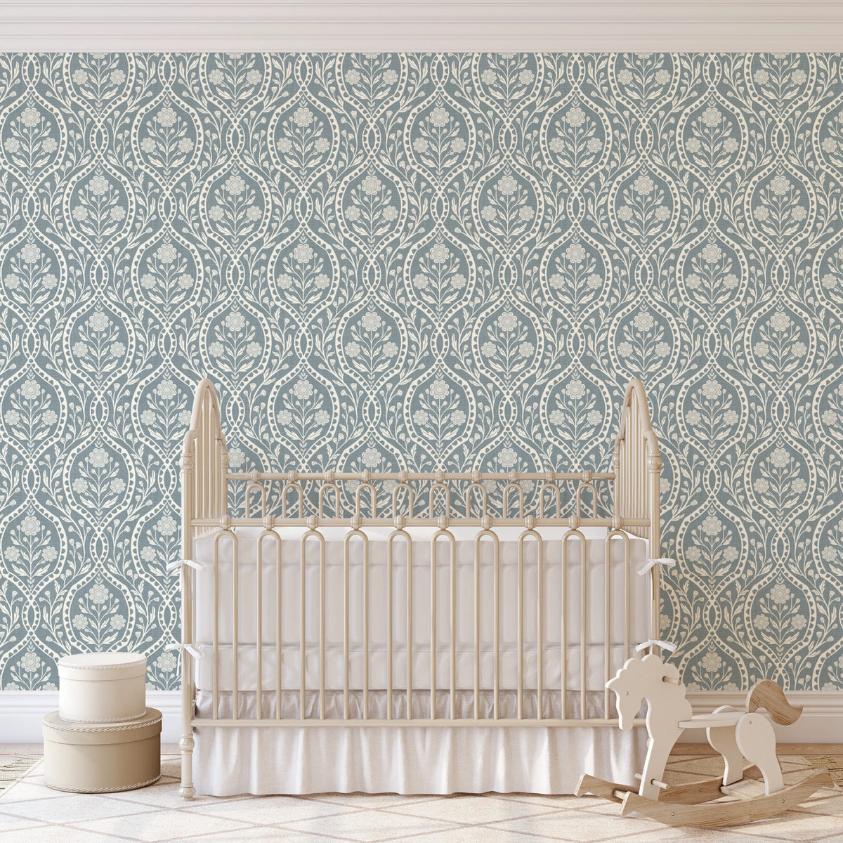 blue and white floral wallpaper with a wildflower floral damask pattern. Shown in peel and stick or prepasted for a removable renter friendly option for traditional or french country aesthetic suitable for baby nursery, bedroom, bathroom, kitchen or dining room.