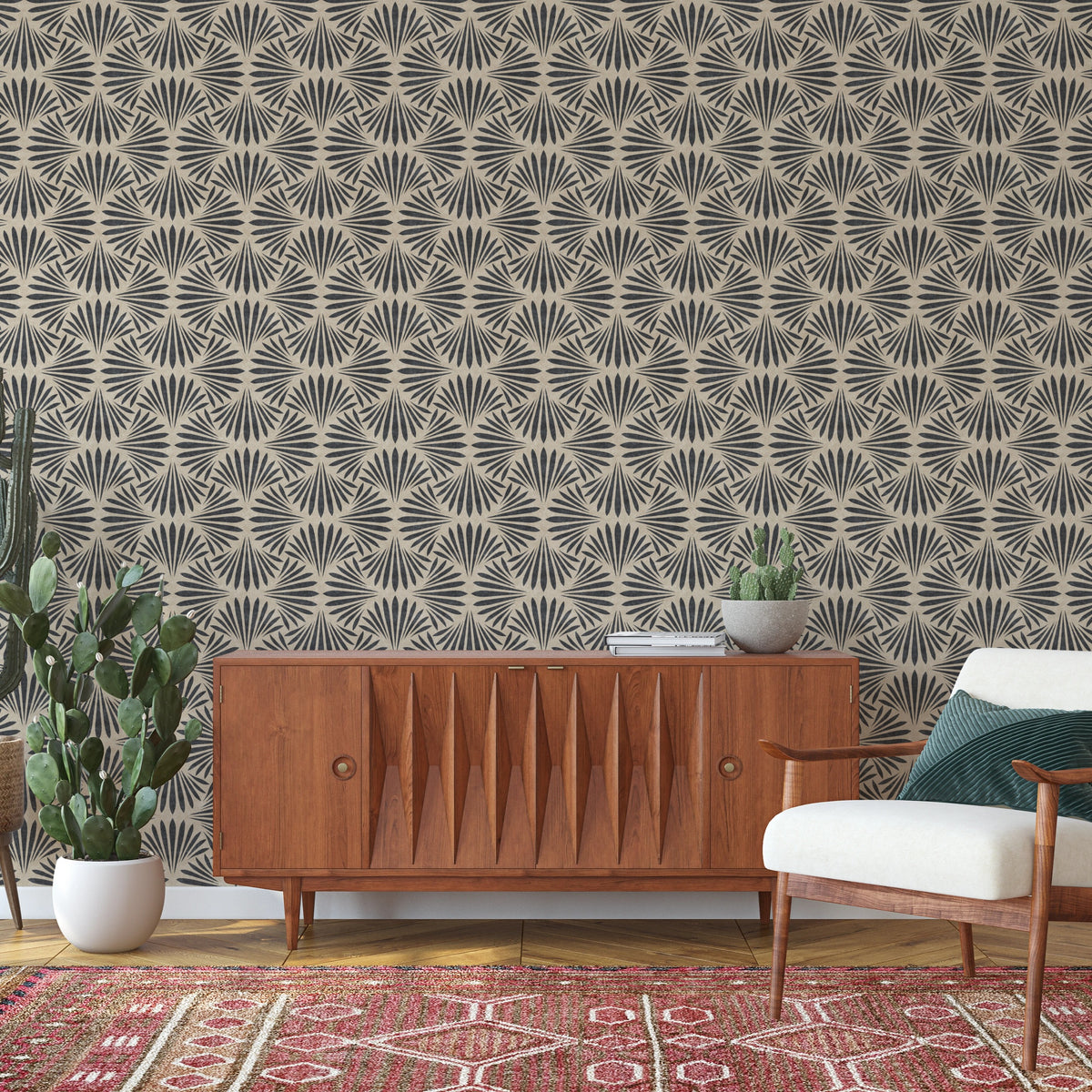 coastal shell black and tan wallpaper in removable peel and stick, prepasted or traditional nonpasted for modern art deco or boho beach house decor.