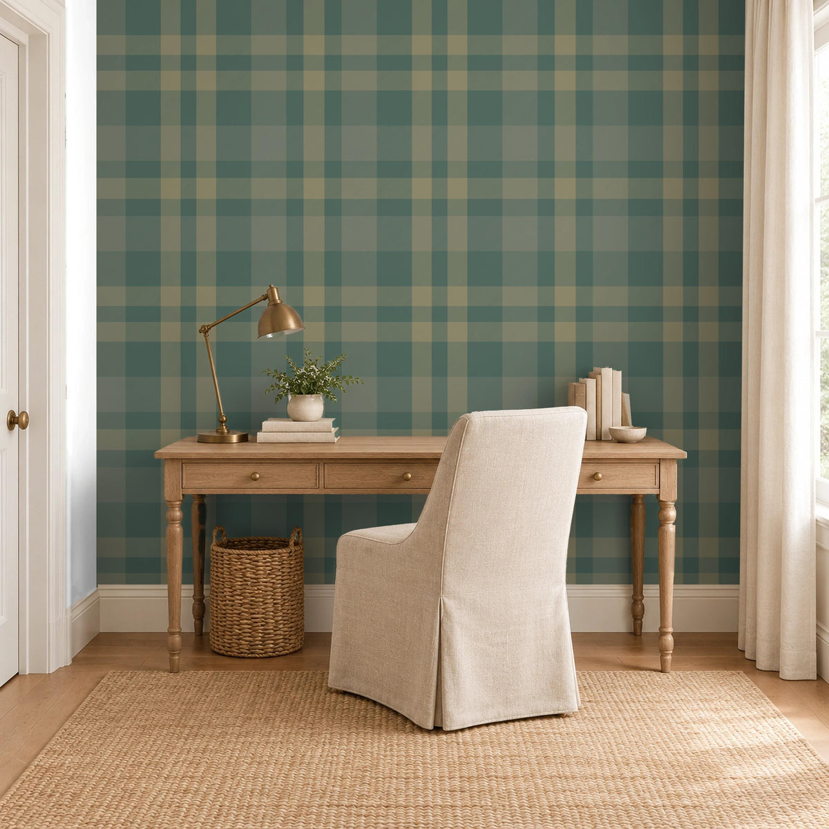 Dark green plaid prepasted wallpaper in a cozy home office or study