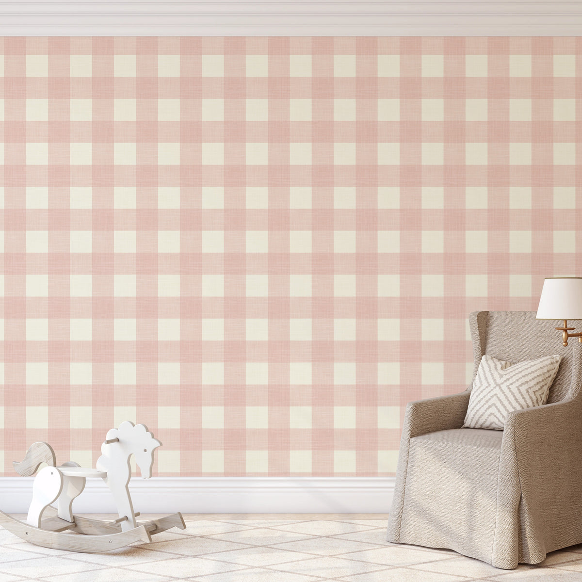 pink and white gingham wallpaper for girls bedroom or nursery with a cute cottage or farmhouse style in peel and stick, traditional nonpasted or prepasted wallpaper.