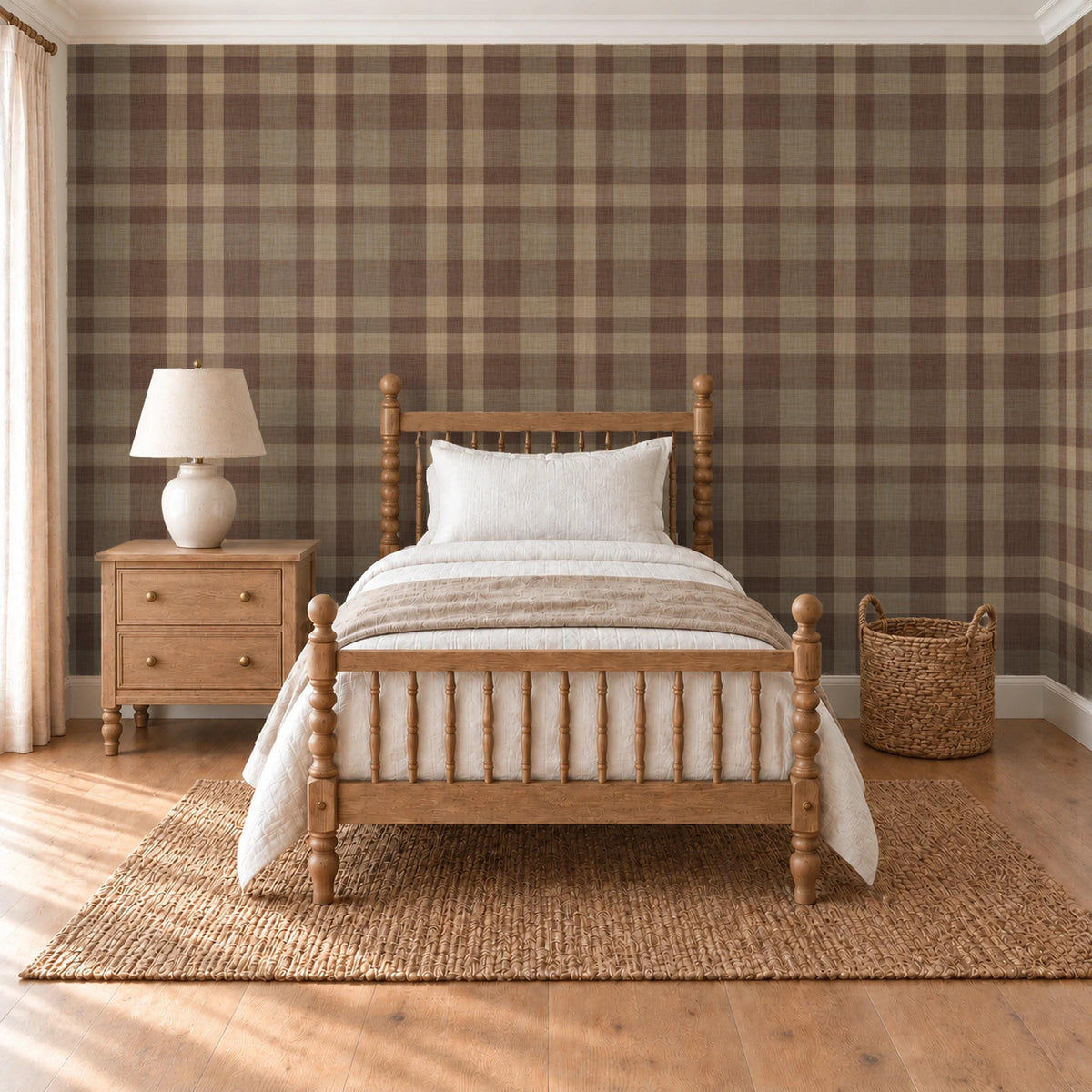 Brown plaid wallpaper in a cabin style boys bedroom