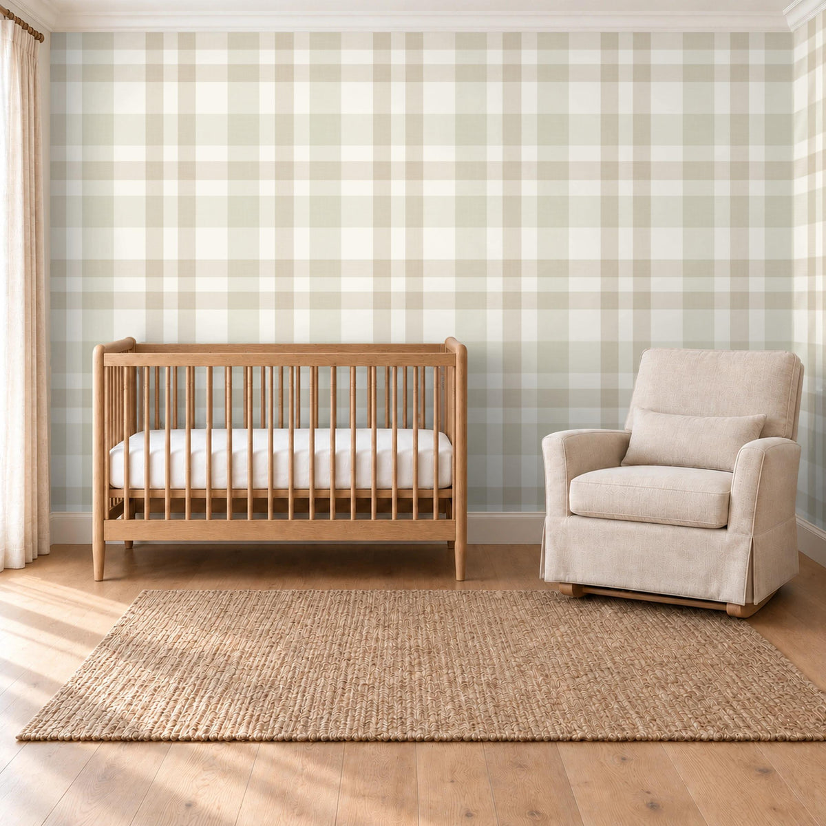 Nursery with a crib and armchair against beige and cream Hollis plaid wallpaper