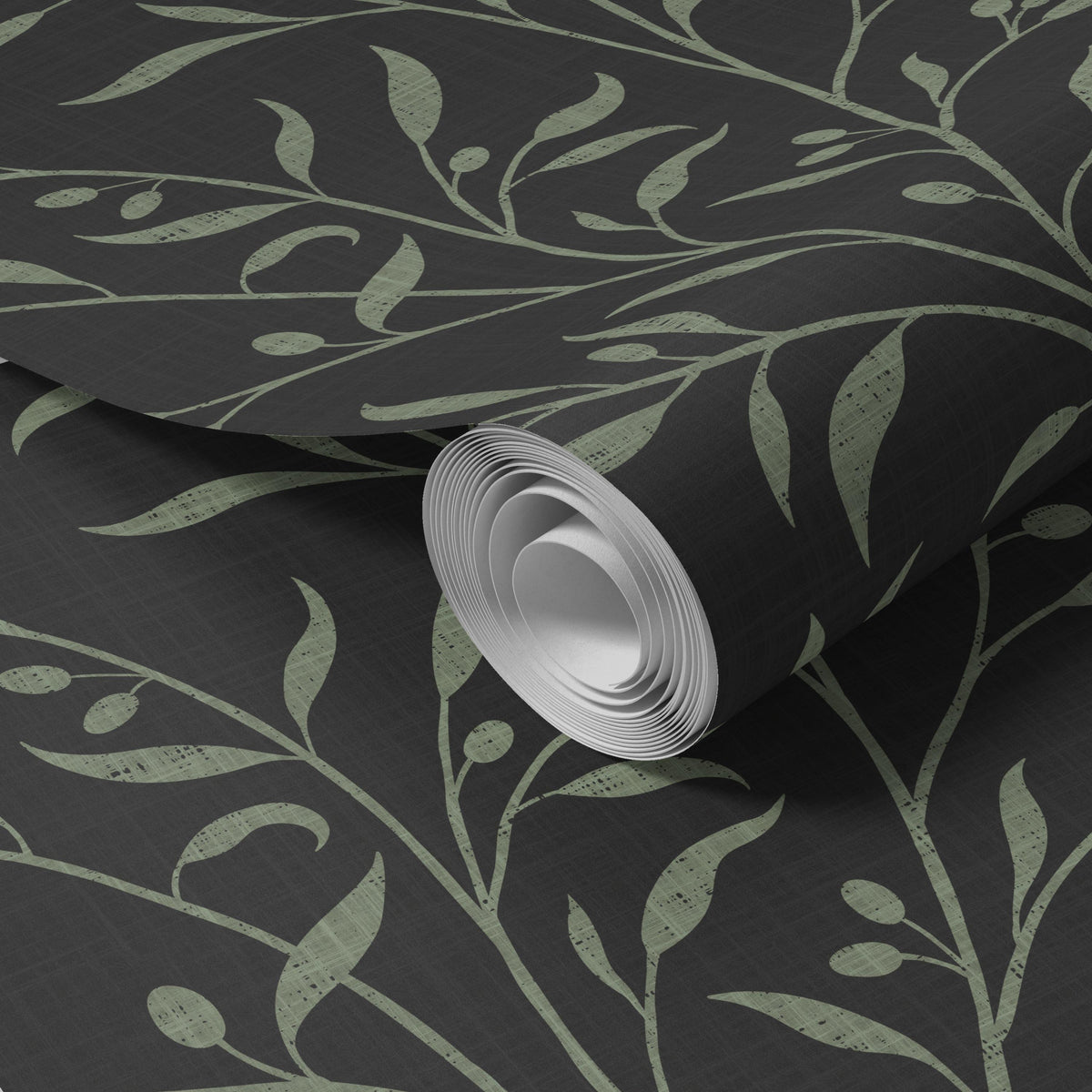 dark moody olive grove botanical leaves and branches wallpaper in peel and stick, prepasted or traditional nonpasted for vintage farmhouse or dramatic accent wall.