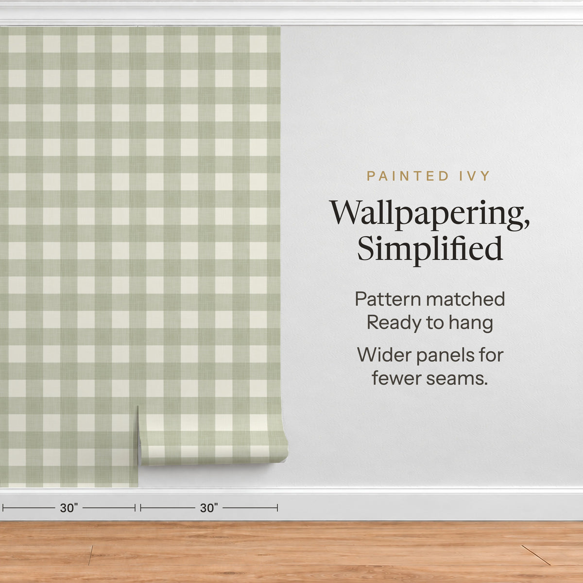 The image is a wallpapered wall with a gingham pattern, and there is a text box on the right side of the image that provides information about the wallpaper.