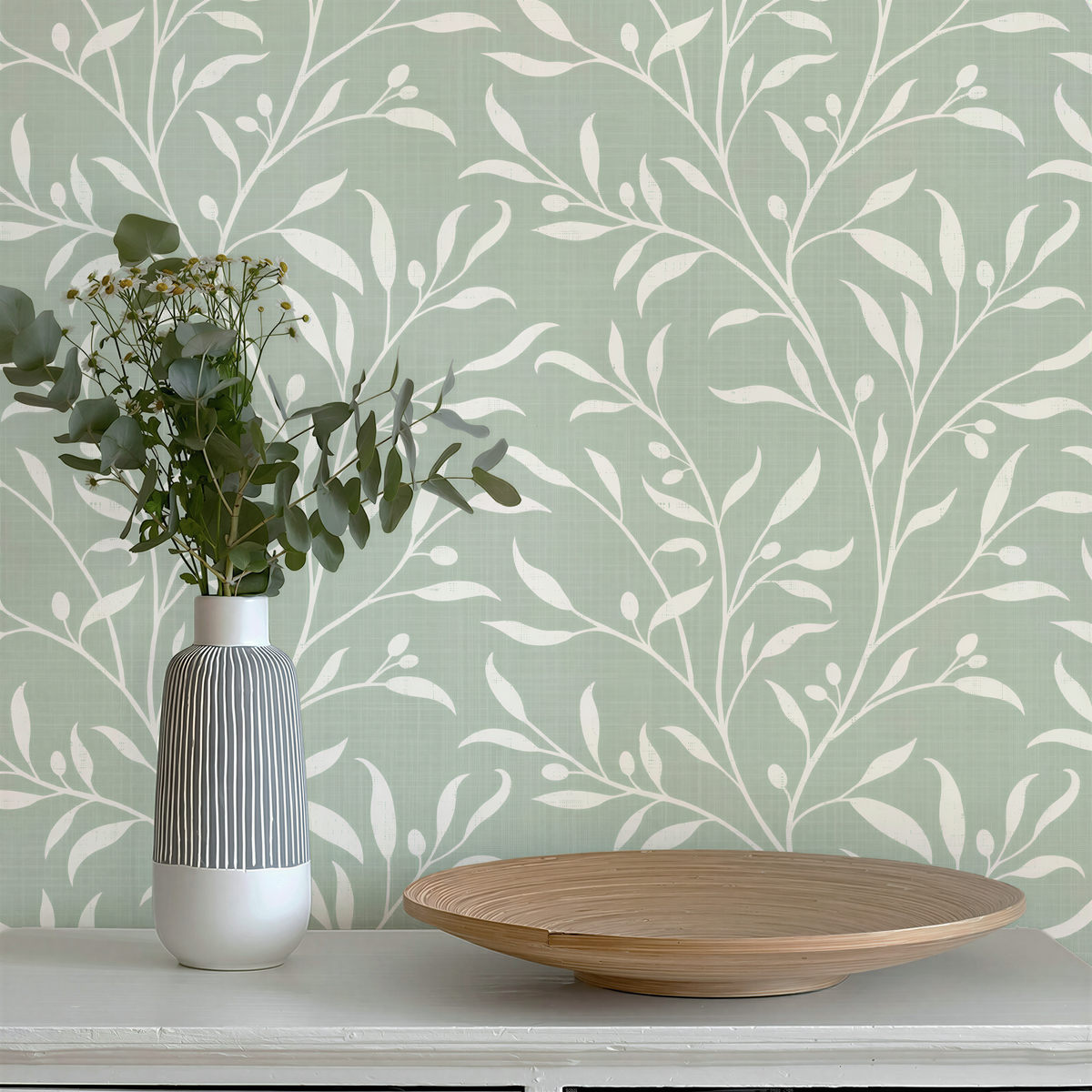 olive grove wallpaper in green and white leaf botanical in peel and stick, prepasted, or traditional nonpasted for vintage farmhouse or mediterranean decor.