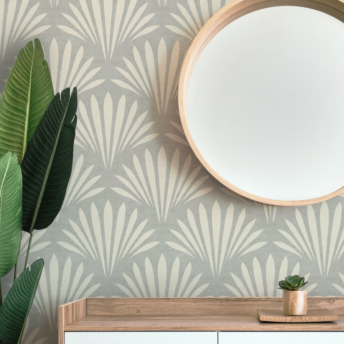 coastal shell neutral gray wallpaper in removable peel and stick, prepasted or traditional nonpasted for boho beach house decor.
