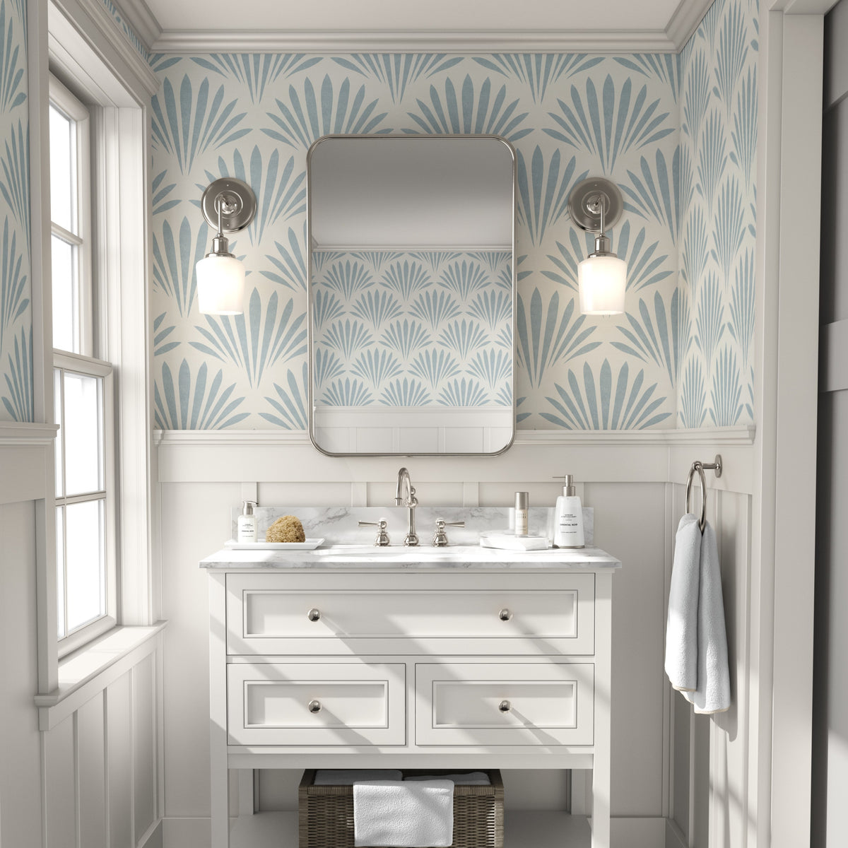 coastal shell blue and white wallpaper in removable peel and stick, prepasted or traditional nonpasted for modern boho beach house decor.