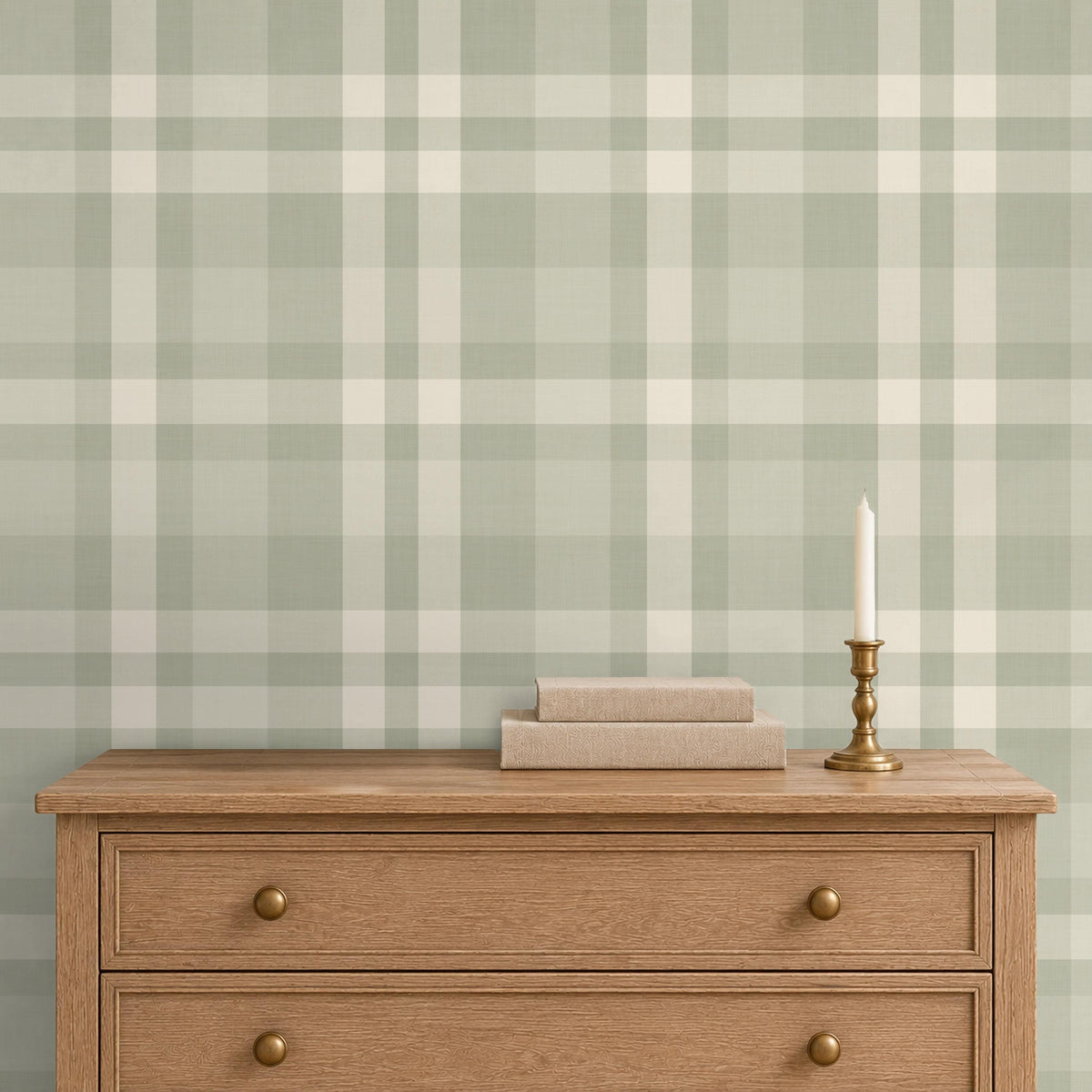 Sage green plaid wallpaper accent wall in a farmhouse bedroom