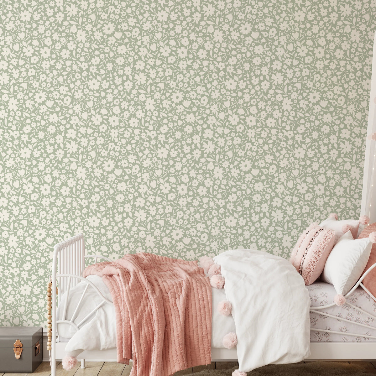 cute green vintage floral inspired wallpaper in peel and stick, prepasted or traditional nonpasted for cottagecore or english cottage inspired girls bedroom, nursery or powder room